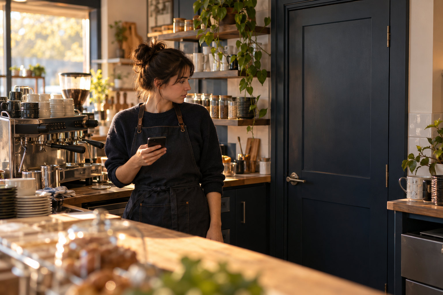Illustrative cafe opener alone before the stockroom door, with no manager present