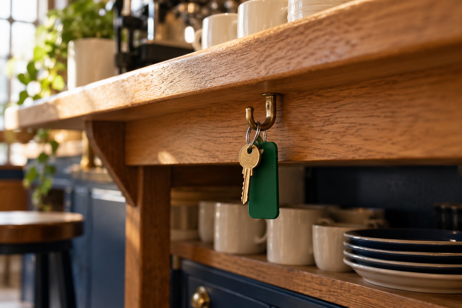 Illustrative close-up of a key with a green tag hanging on a hook beneath a cafe counter