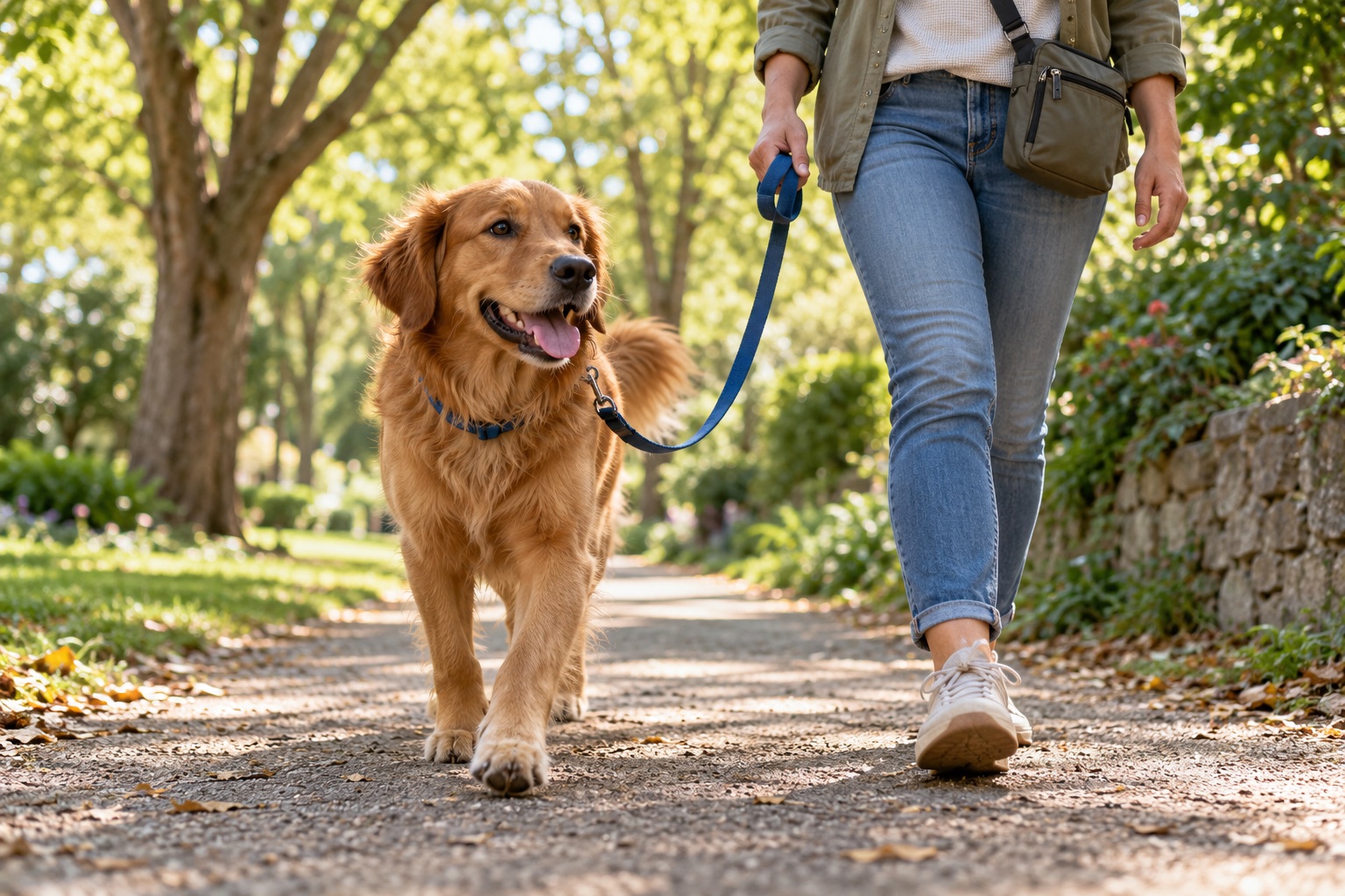 Illustrative photo of a person walking a dog on a neighborhood path